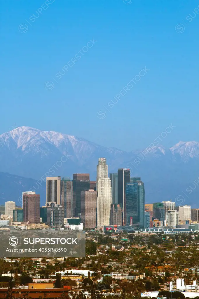 Los Angeles Skyline and a snow covered Mount Baldy a few days after the rains, San Gabriel Mountains, California