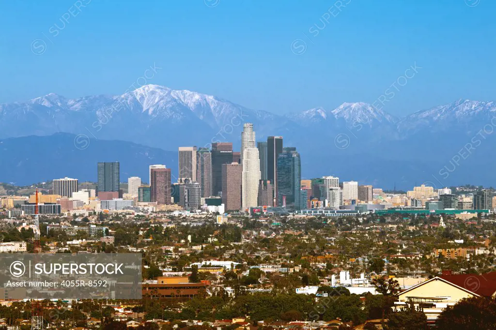 Los Angeles Skyline and a snow covered Mount Baldy a few days after the rains, San Gabriel Mountains, California