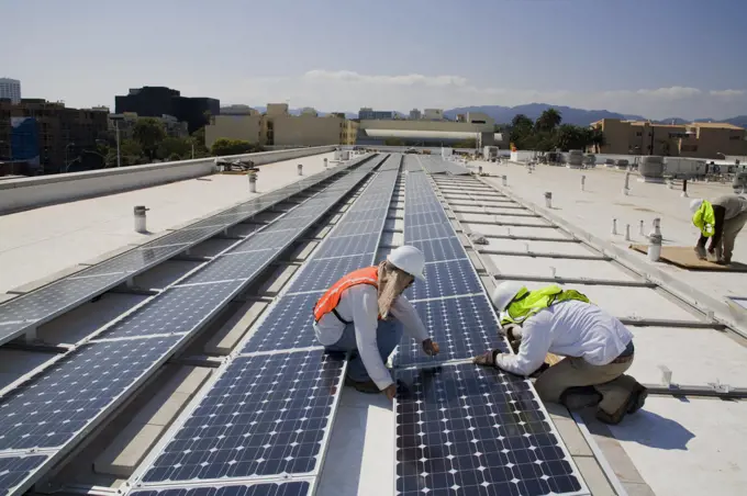 Installaion of Grid-tied solar array on roof of Big Blue Bus facilites, Installation by Martifer Solar USA, Santa Monica, California, USA