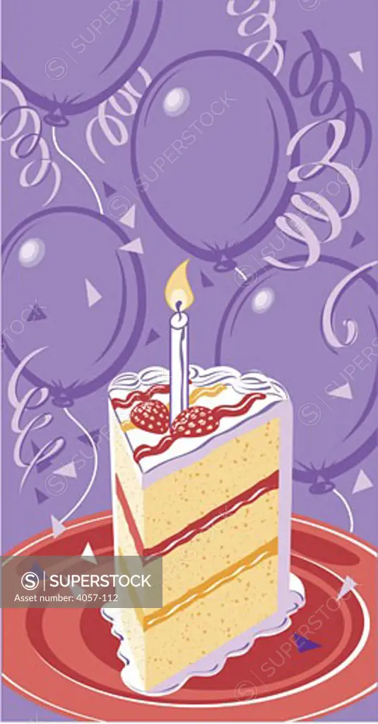 Close up of burning candle on birthday cake slice