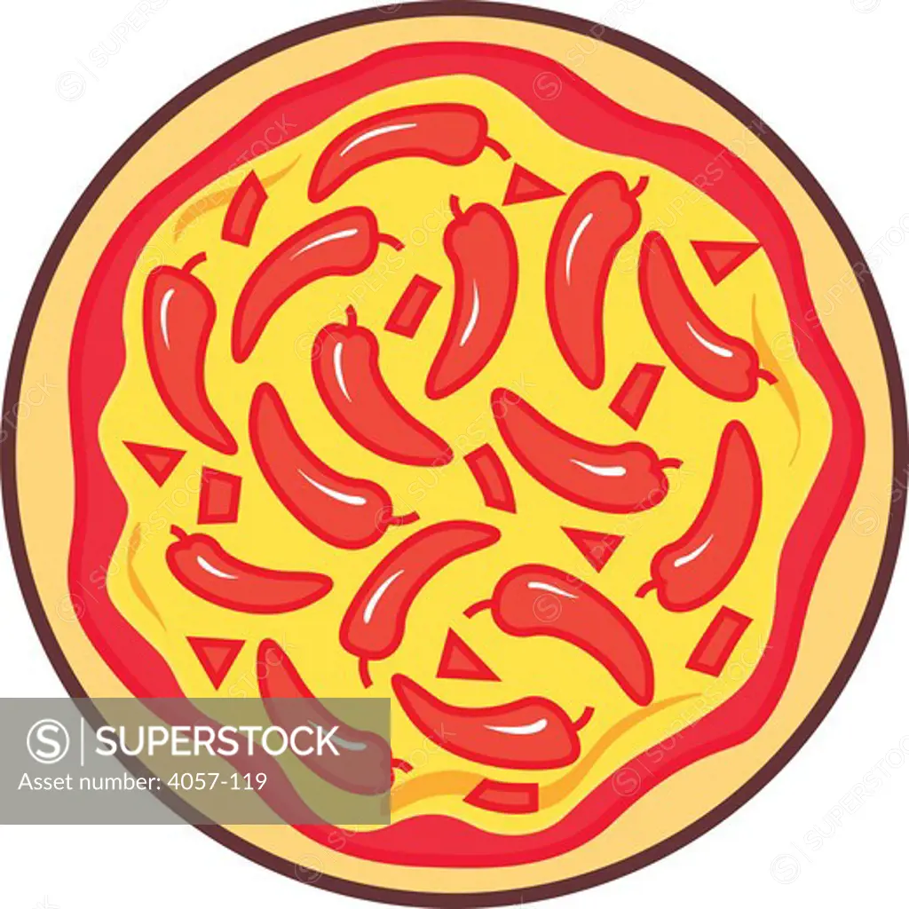 Close-up of pizza garnished with red chili peppers