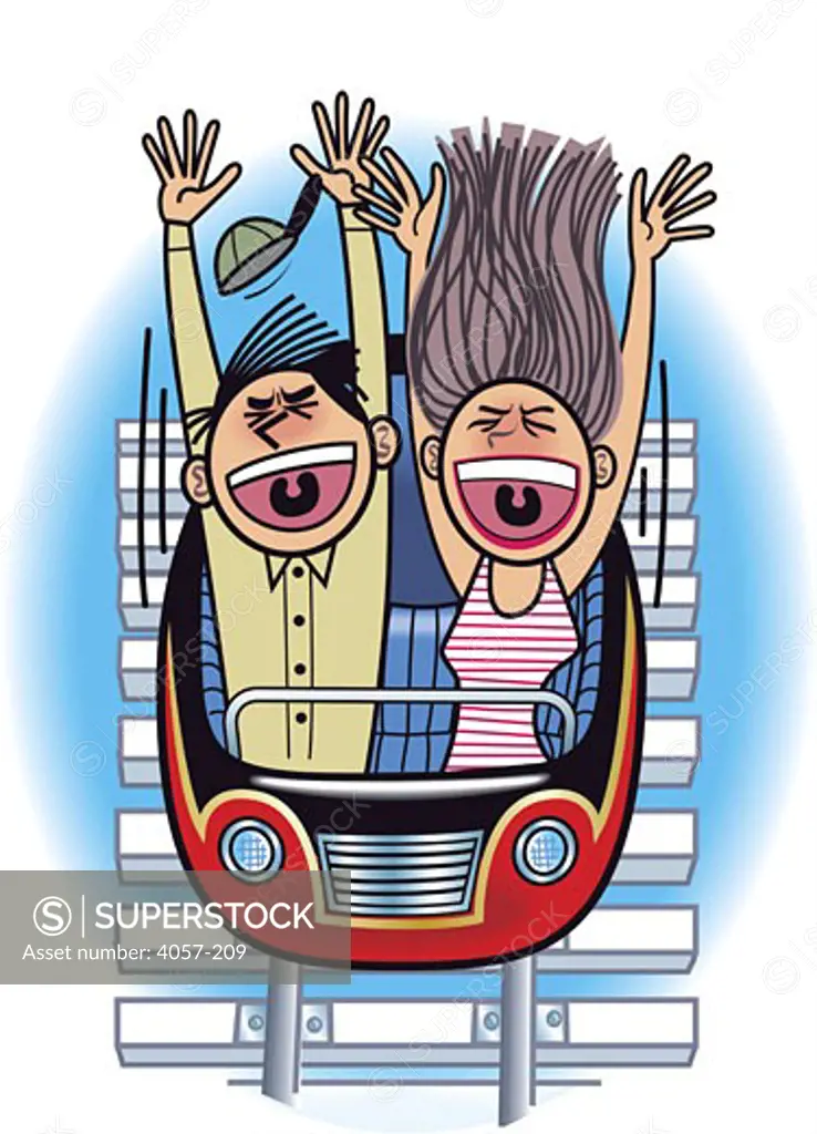 Couple in a rollercoaster at amusement park