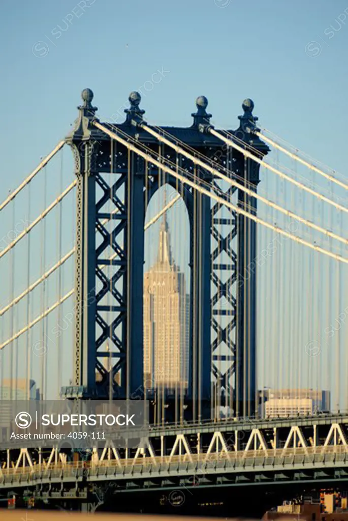 Skyscraper viewed through a bridge, Manhattan Bridge, Empire State Building, Manhattan, New York City, New York state, USA