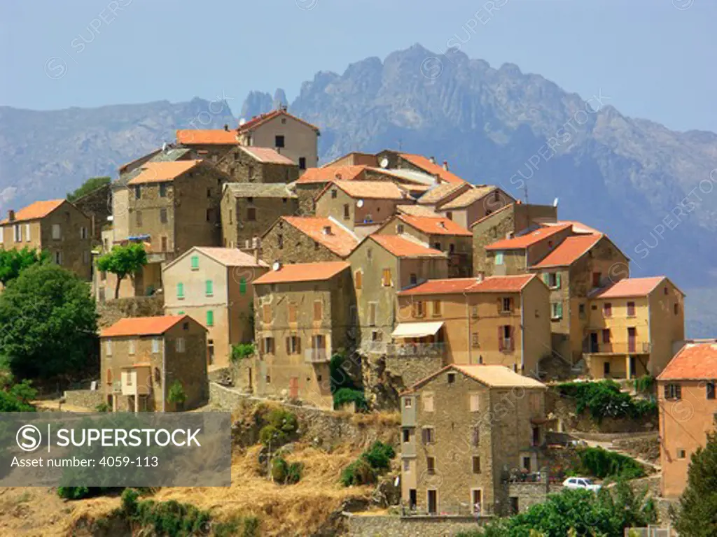 Village near mountains, Corte, Haute-Corse, Corsica, France