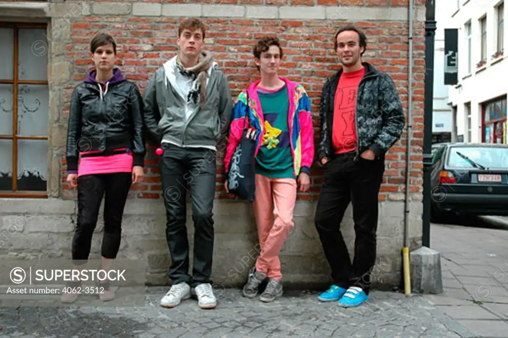Four young people in New Rave / Indie Styles, Antwerp, Belgium 2006