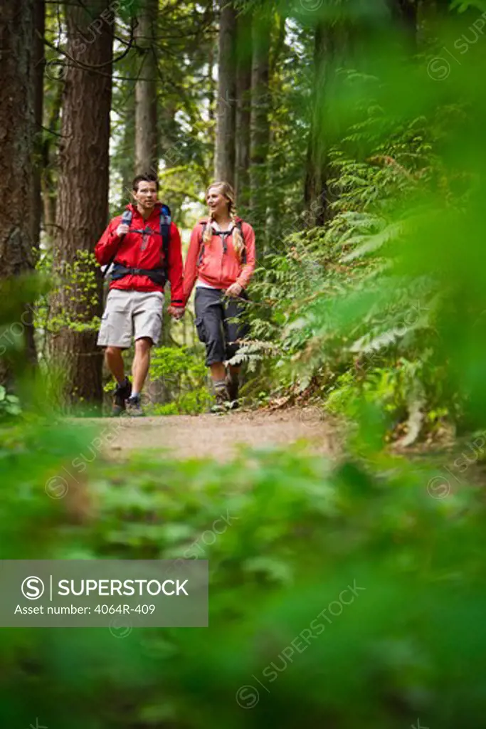 Portland, Oregon, USA, Couple walking on trail through forest