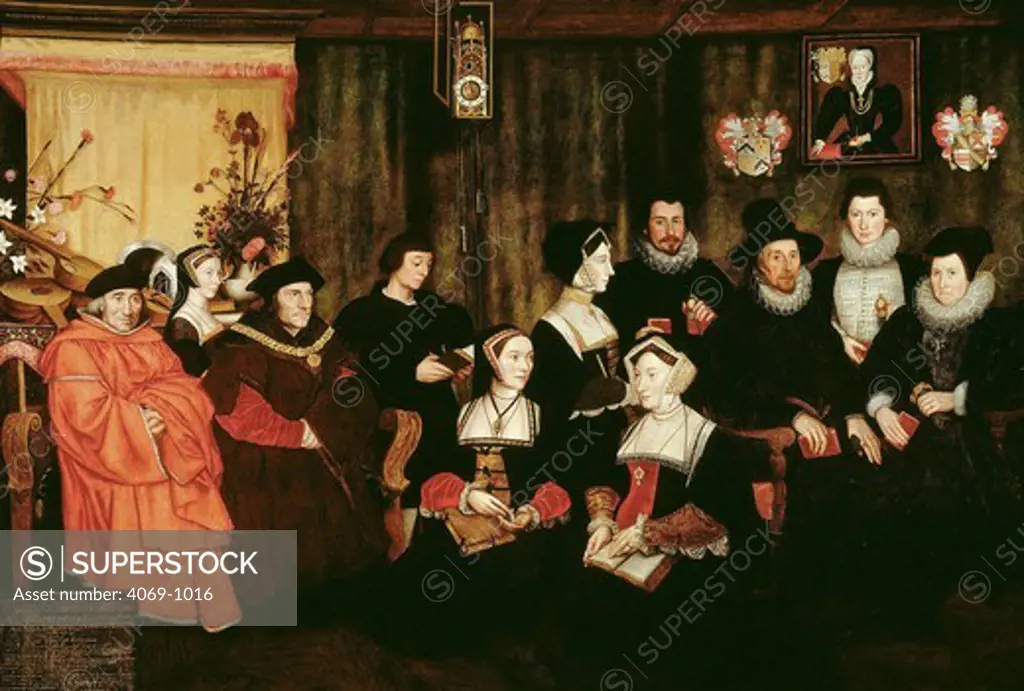 Family of Sir Thomas More, 1478-1535, Renaissance English author and Catholic martyr, 1593 painting based on Hans Holbein's 1527 preparatory sketch for a lost group portrait