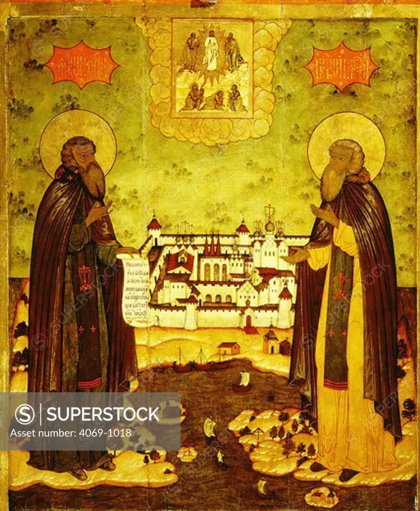 St Sabazio and Zosima founders of monastery on island of Solovjetsky on White Sea Russia, 16th century