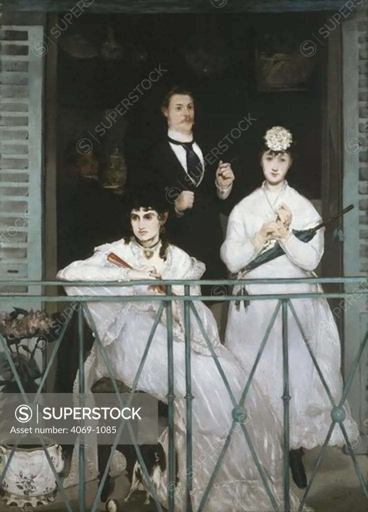 Le balcon, The balcony, painted before 1869. Impressionist painter Berthe Morisot, 1841-95, seated, Fanny Clausz and Antoine Guillemet standing