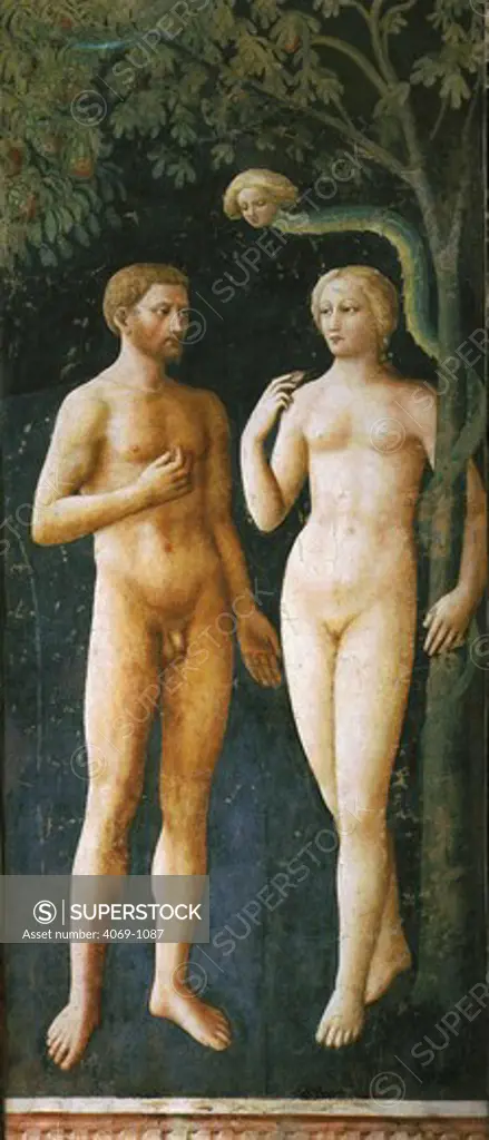Adam and Eve in earthly paradise or Eden, the temptation, from Brancacci Chapel