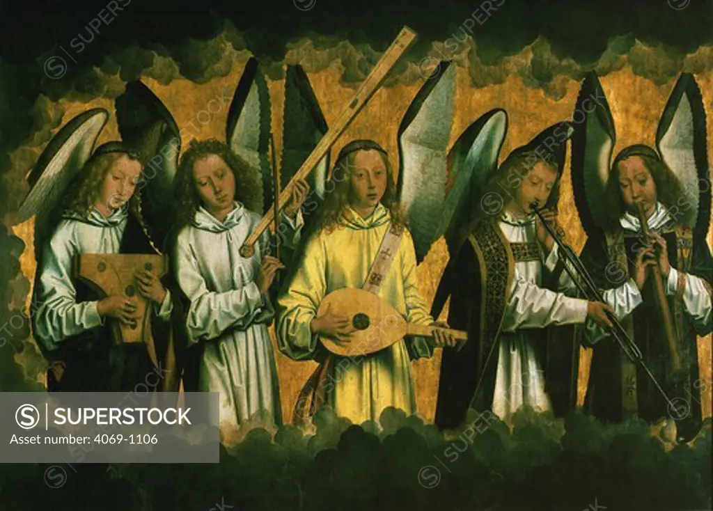 Five angels playing music, lefthand panel from a triptych, c. 1480