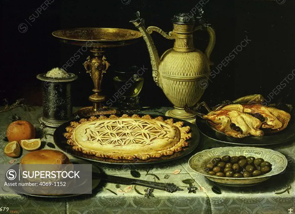 Still life with bread, pastry, chicken and olives