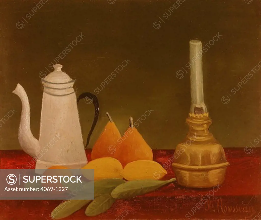 Still life with pears, lemons, candle and jug