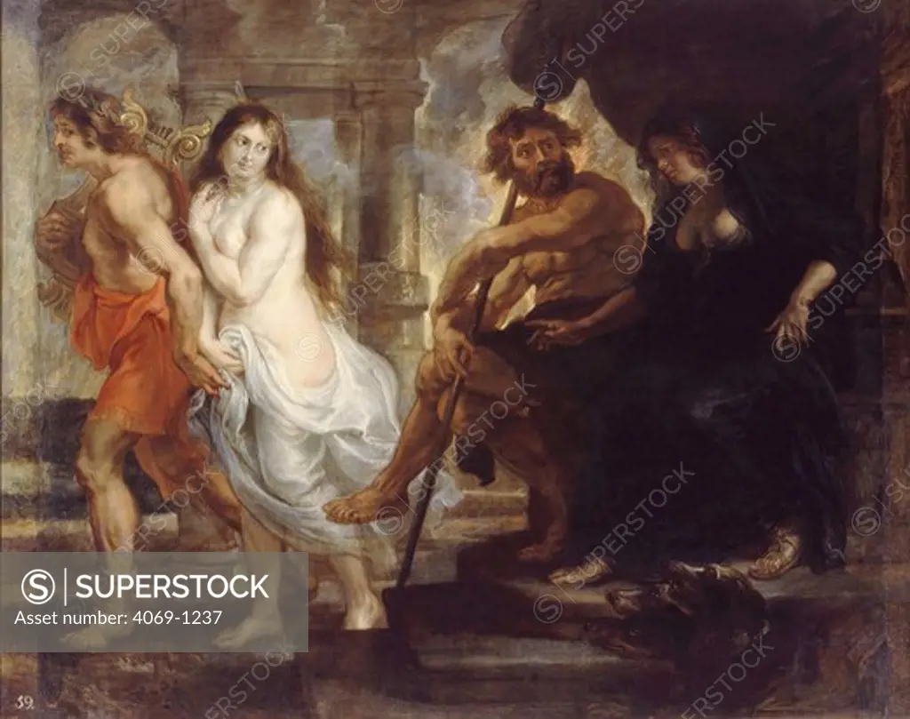 Orpheus and Eurydice with Cerberus and an Erinyes in Hades