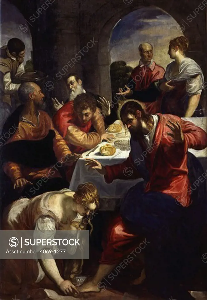 Supper in house of Simon the Pharisee where woman sinner Mary Magdalene anoints feet of Christ