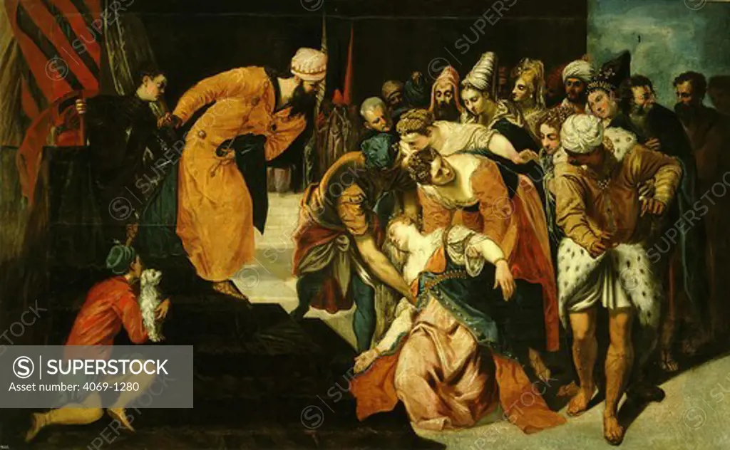 Esther faints before King Ahasuerus (or Xerxes) of Persia (she is granted audience with him to plea for the sparing of the Jewish people) 1548
