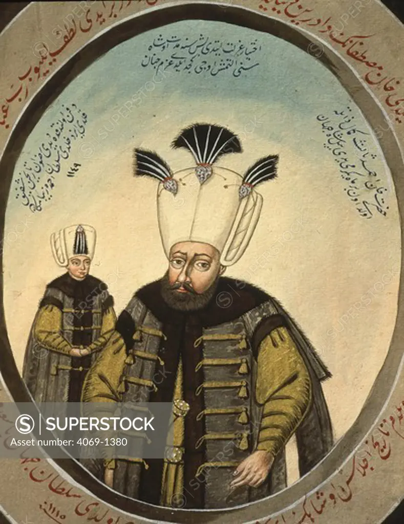AHMET III, 1703-30 Ottoman sultan, with prince,19th century watercolour