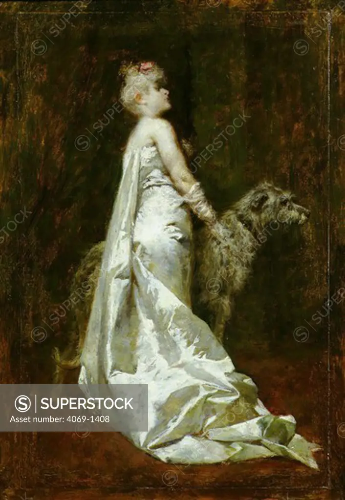 Unknown WOMAN entitled White Dress and Dog ( Lurcher )
