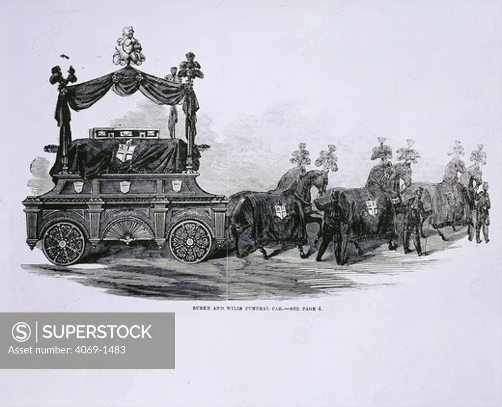 Funeral car bearing bodies of Robert O'Hara BURKE, 1820-61, and William John Wills, 1834-61, January 1863. The pair led a doomed expedition to cross the Australian continent from north to south, and died en route