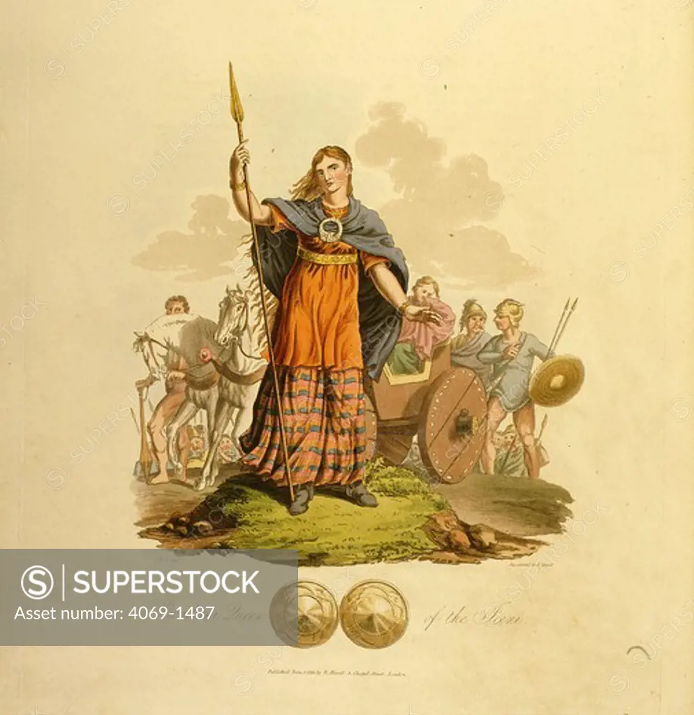 Queen BOADICEA, died 60 AD, British queen of the Iceni Celts, from Meyrick and Smith, Costume of Inhabitants of British Isles, 1815
