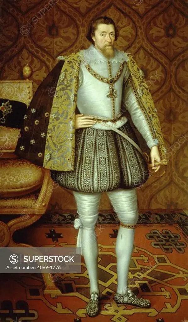 King JAMES I of England and VI of Scotland, 1566-1625, wearing order of garter, 196x120cm