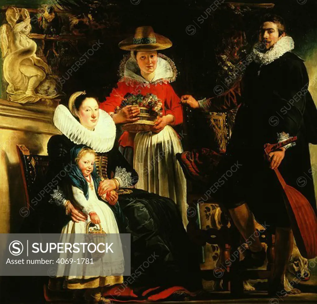 Self portrait with family in garden with wife, daughter Isabel and servant, 1623, by Jacob JORDAENS