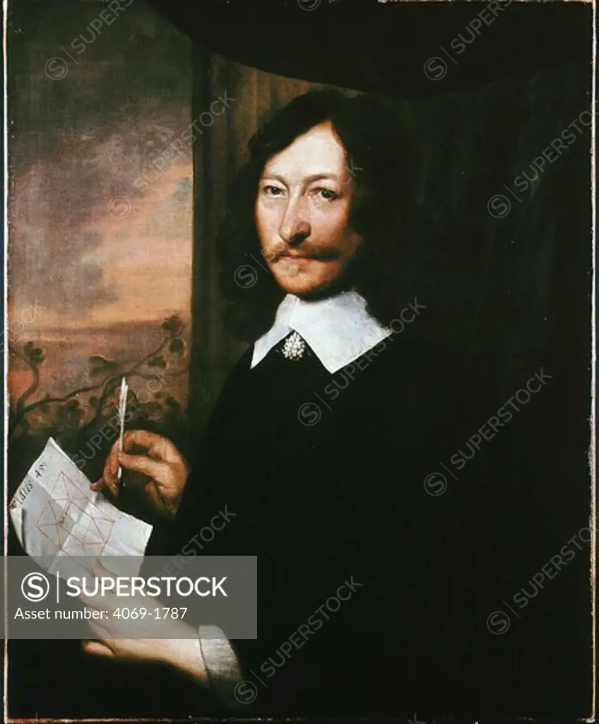William LILLY, 1602-1681, astrologer, holding a horoscope diagram in his hand, 1644