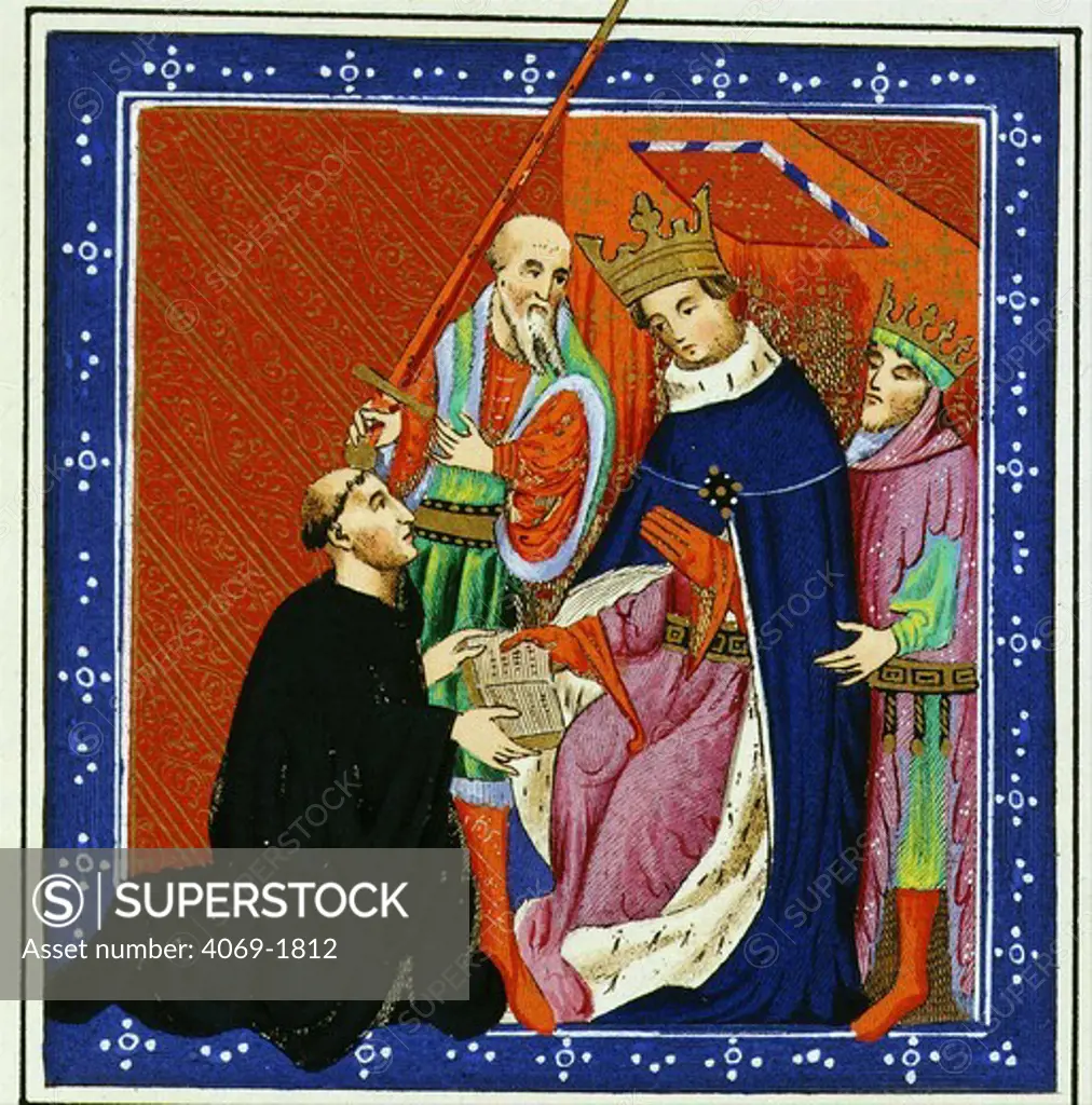 John LIDGATE, c. 1370-1451, monk and author, presenting book to King Henry VI, 1421-71, later reproduction from 15th century manuscript