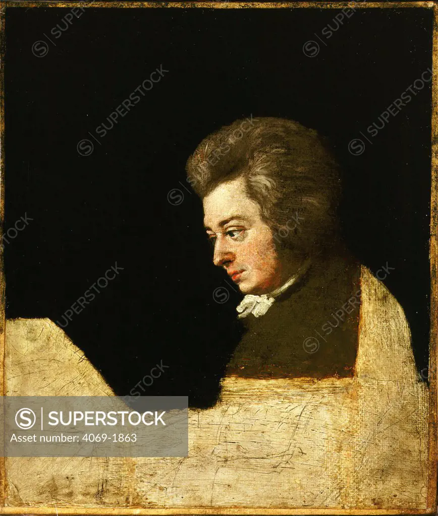 Wolfgang Amadeus MOZART, 1756-1791, Austrian composer, am Klavier, or at the piano, unfinished painting