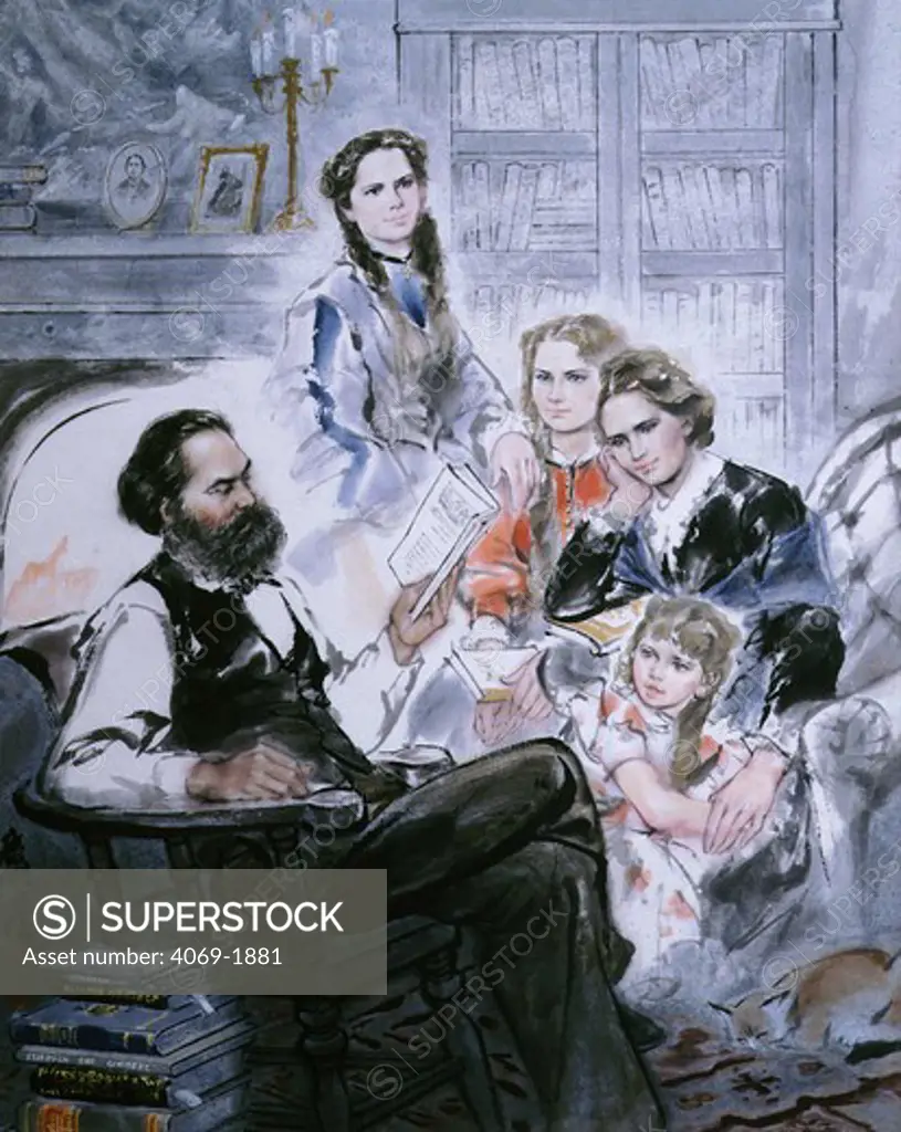 Karl MARX (1818-83) with his family, watercolour by Ghan ZenLun