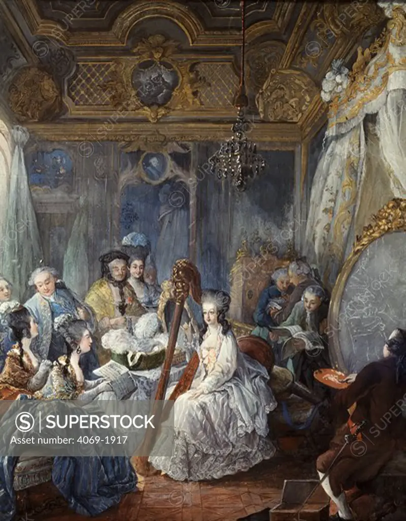 Queen MARIE-ANTOINETTE of France 1755-93 holding salon at Versailles in 1775, pastel