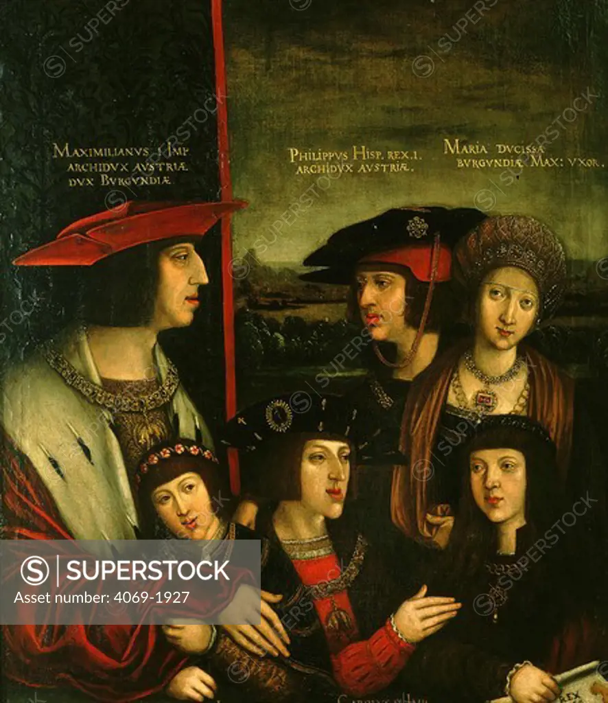 MAXIMILIAN I 1459-1519 Archduke of Austria, German King, Holy Roman Emperor, with his first wife Mary Duchess of Burgundy 14571482 and their family: their son Philip 1478-1506 (later Philip I the Handsome, of Castile), Philips two sons Charles 1500-1558 and Ferdinand 1503-1564 and Maximilians adopted son Louis 1506-1526, heir to the kingdoms of Hungary and Bohemia. Painted 1516