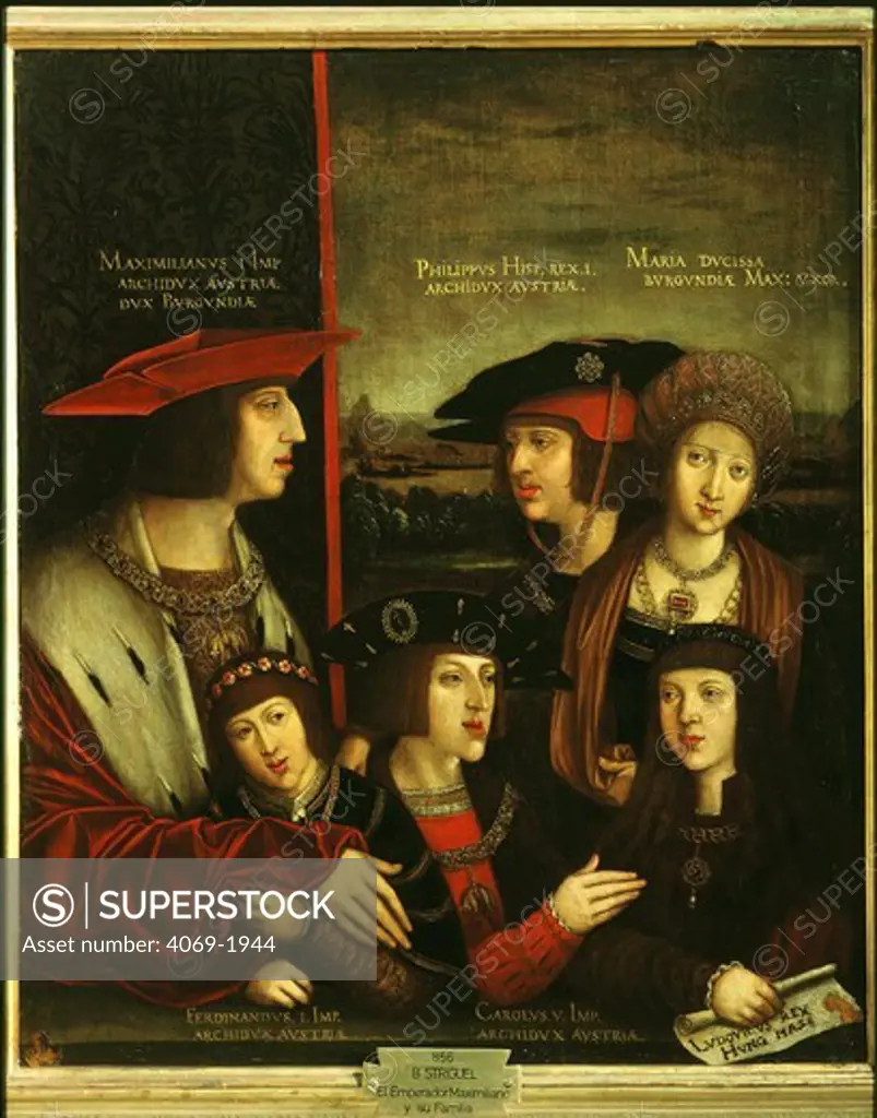 MAXIMILIAN I 1459-1519 Archduke of Austria, German King, Holy Roman Emperor, with his first wife Mary Duchess of Burgundy 14571482 and their family: their son Philip 1478-1506 (later Philip I the Handsome, of Castile), Philips two sons Charles 1500-1558 and Ferdinand 1503-1564 and Maximilians adopted son Louis 1506-1526, heir to the kingdoms of Hungary and Bohemia. Painted 1516