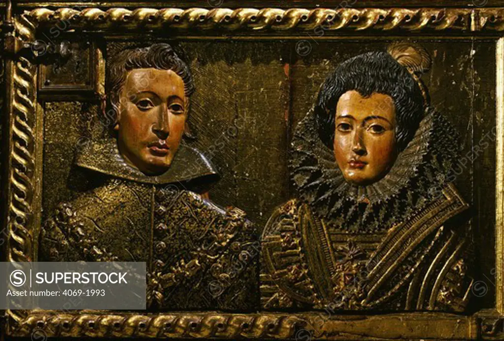 PHILIP II of Spain (1527-98) (Philip I Portugal 1580-98) and 3rd wife Elizabeth of Valois, monument in gilt and polychrome wood, 1632