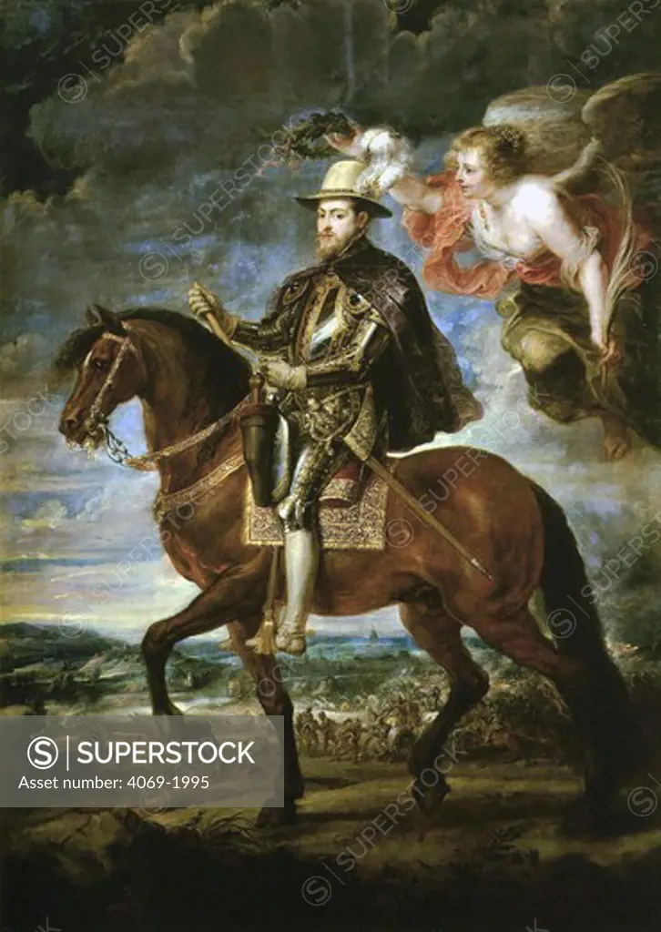 King PHILIP II of Spain 1527-98 (Philip I of Portugal 1580-98) on horseback allegory 1628