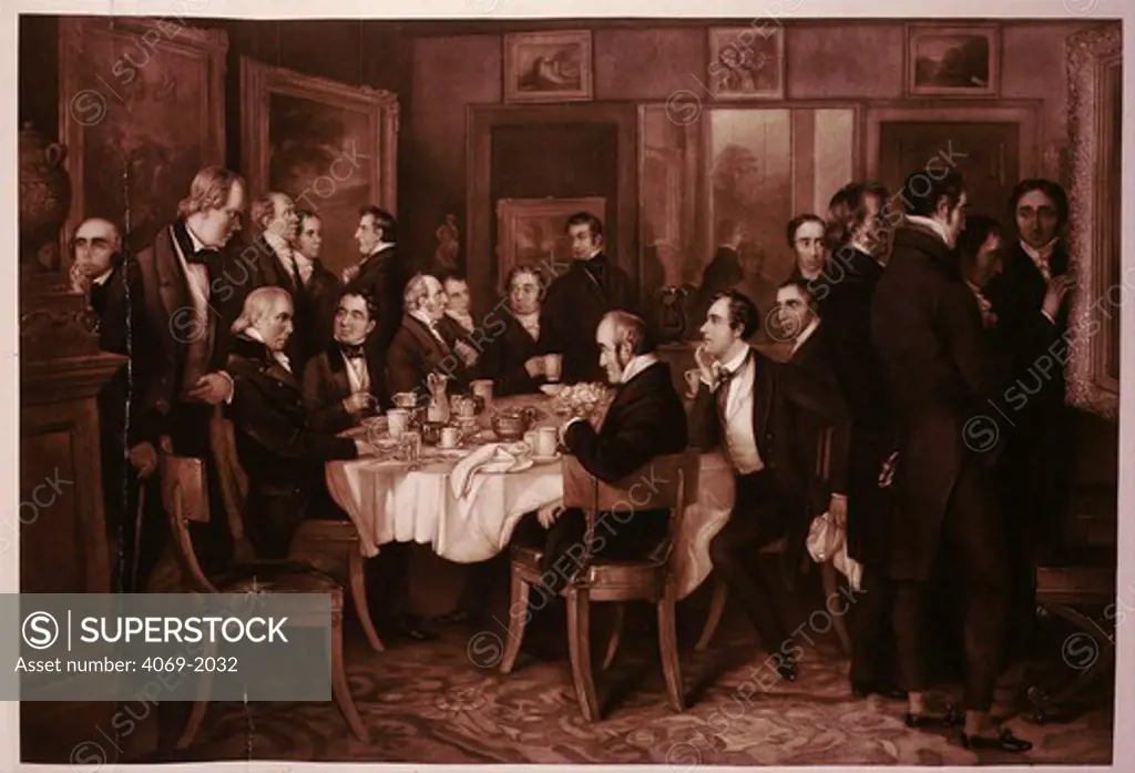 Breakfast party at Samuel ROGERS, 1763-1855, with Sheridan, Moore, Wordsworth, Southey, Coleridge, Byron, Kemble, Flaxman, Mackintosh, Lansdowne, Smith, Irving and Jeffrey. Mezzotint after painting by Sir Francis Chantrey, c. 1820