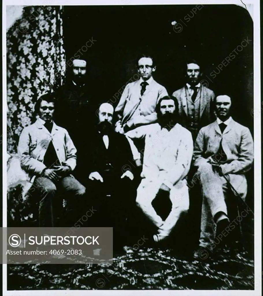 John Macdouall STUART, 1815-66, Scottish explorer of inland Australia, with members of 1863 expedition, from left to right, Auld Billiatt, Thring, Frew, Kewwick, Waterhouse and King