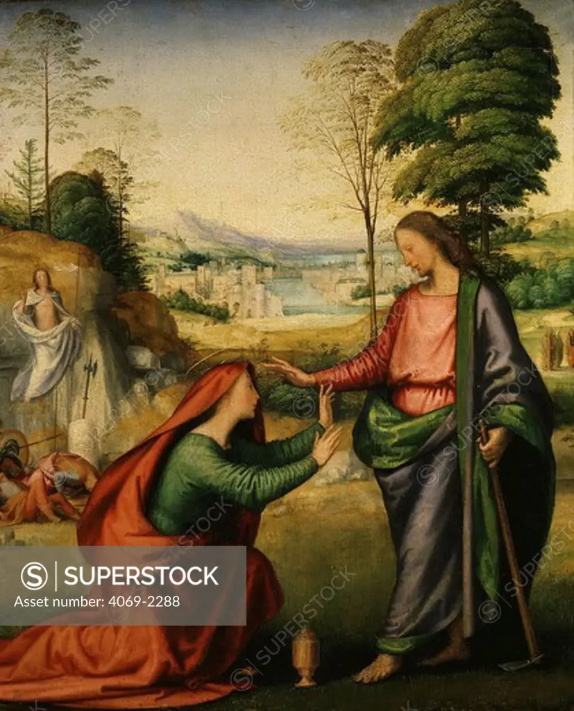 Noli me tangere, risen Christ appears to Mary Magdalene, (on left, Resurrection of Christ