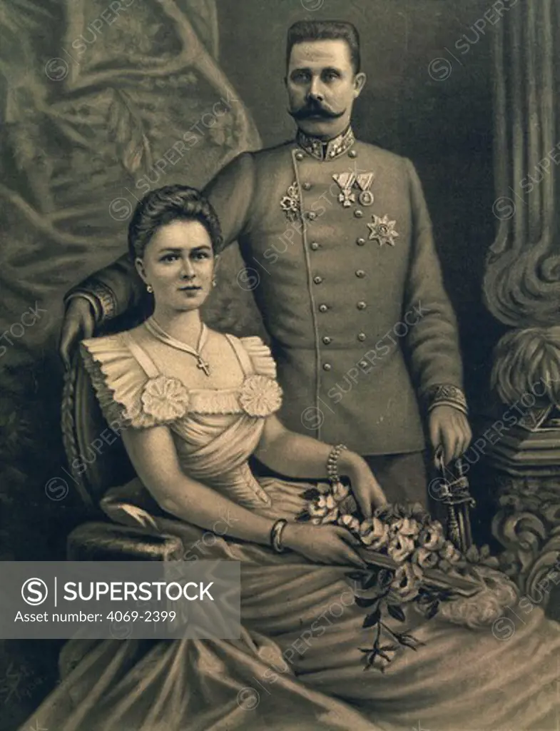 FRANZ Ferdinand, 1863-1914 Archduke of Austria, and his wife Sophie, heirs to throne of Hungary who were assassinated in Sarajevo, Bosnia, 28 June 1914, engraving