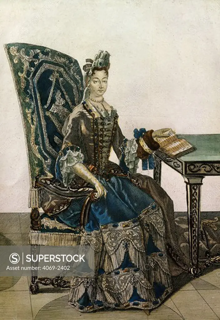 Madame Francoise d'Aubigne Marquise de MAINTENON, 1635-1719 2nd wife of King Louis XIV of France, reading, 17th century engraving