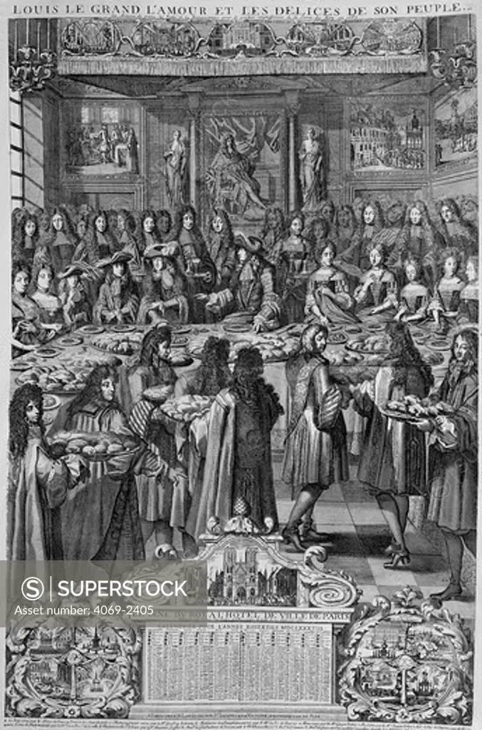 Dinner given for Louis XIV, 1638-1715 King of France, at town hall, Paris, France, engraving from 1687 Almanac