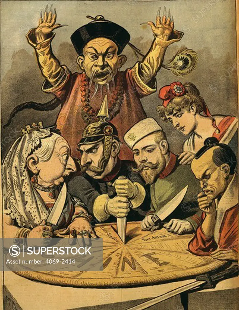China the cake of kings and emperors, cartoon against the Yellow Peril, 1898 engraving from French publication Le Petit Journal