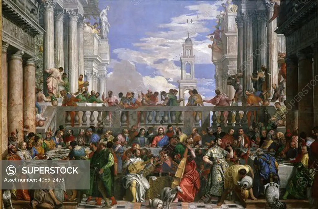 The Wedding at Cana, painted 1562-63 (portraits include Francis I of France, Mary of England, Charles V, and, as musicians, Titian, himself, his brother Benedetto, Tintoretto, Jacopo Bassano and Palladio)