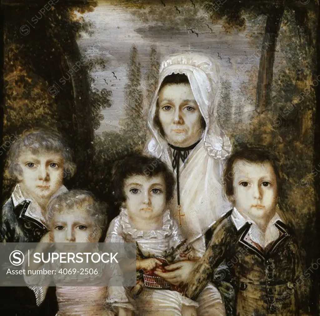 Madame COLLET, wife of Charles Collet, justice of the peace in Lenancourt, Lorraine, France, with her children, 1793 miniature on ivory with signature Lafrance