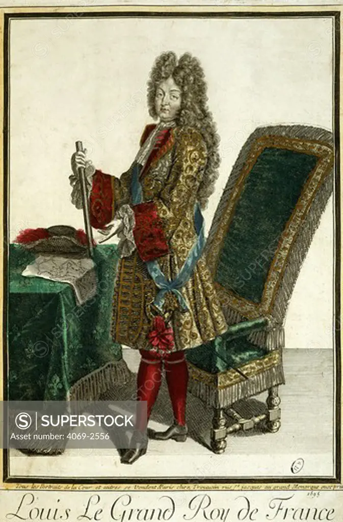 LOUIS XIV, 1638-1715 King of France, 1695 French engraving by Trouvain