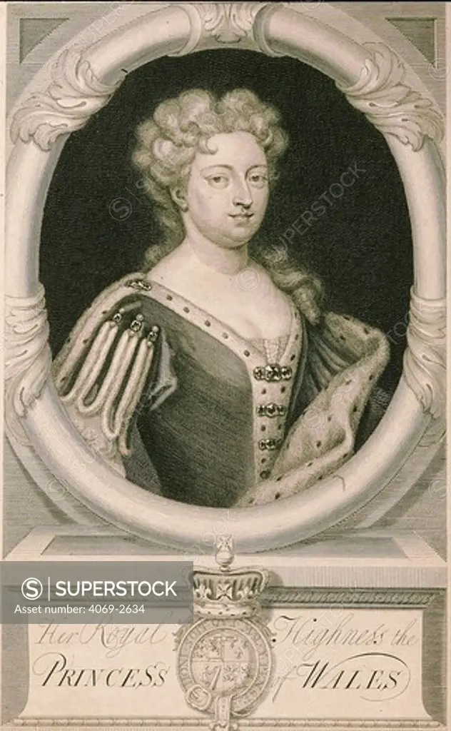 Caroline of Ansbach Princess of WALES married King George II, 1705 engraving