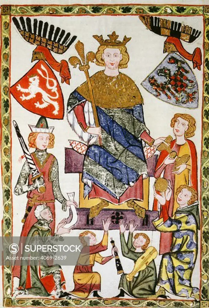 King Wenceslas II or Vaclav (1271-1305) on throne with troubadours, from Manesse codex 1305-40 German manuscript, folio 10r