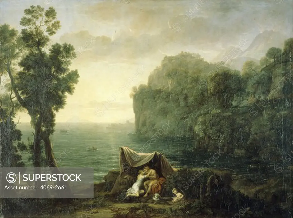 Coastal landscape with Acis and Galatea, 1657. Acis and the nereid Galatea hide near the cliffs listening to lovesick song of jealous cyclops Polyphemus, who then finds them and kills Acis