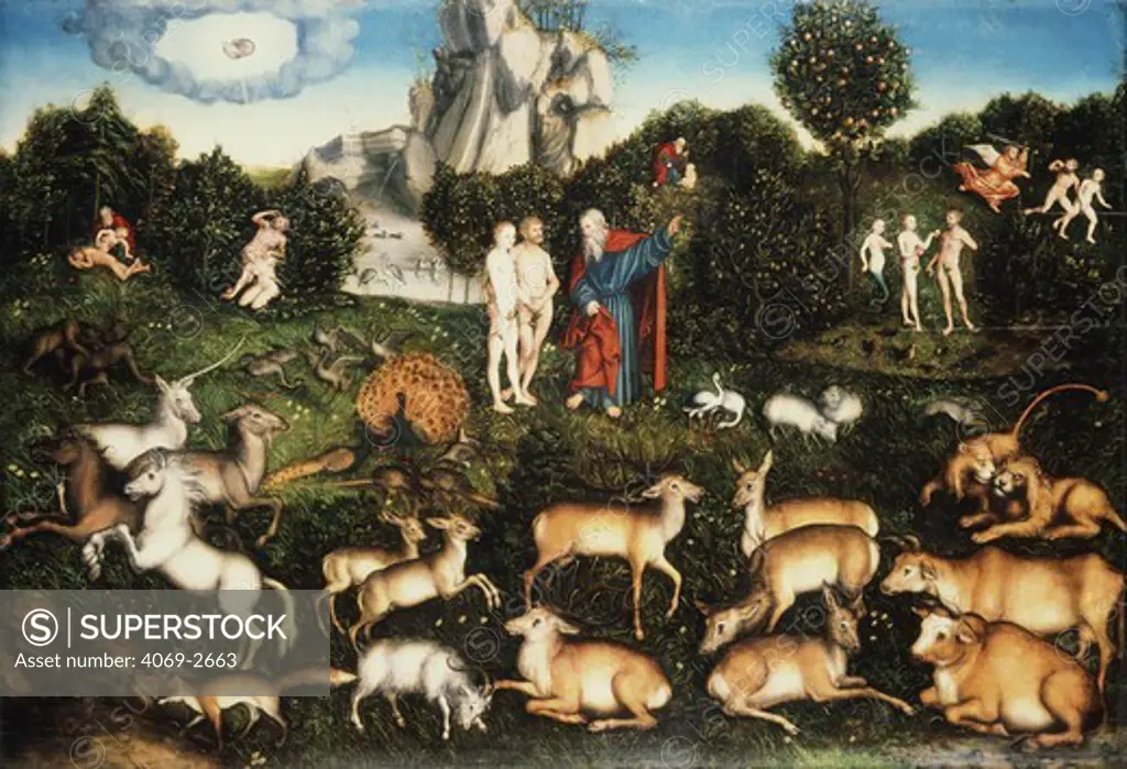 Paradise, 1530, with God showing Adam and Eve the forbidden Tree of Knowledge in the Garden of Eden. Smaller distant figures enact Eve's creation from Adam's rib, the couple's temptation by the snake, and the Angel expelling them from Eden