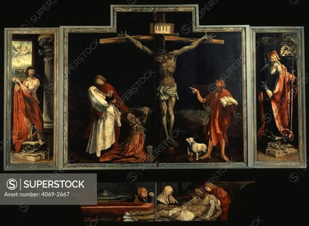Isenheim altarpiece c.1515 triptych with the Crufixion. The central panel includes John the Baptist (on the right) and Mary Magdalene with the Virgin supported by Saint John the Evangelist on the left, below is the Entombment. The left panel is Saint Sebastian, the right panel is Saint Anthony.